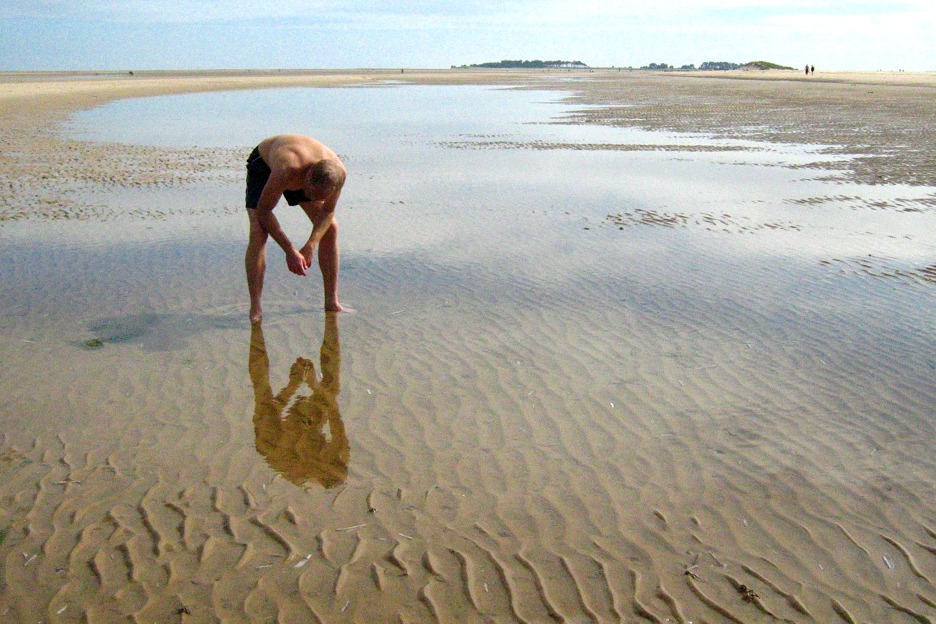 Man examining sandy beach